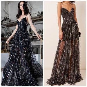 Rasario Sequin Chiffon Corset Sequin Tulle Gown Dress Black Size 6 Formal